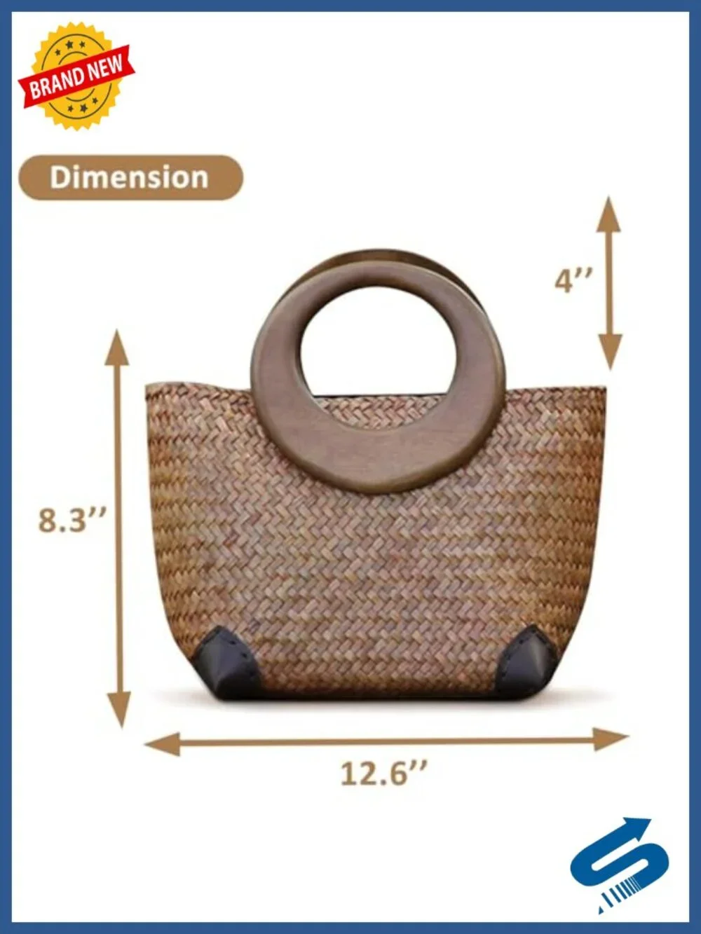 Handwoven Rattan Straw Tote Bag with Wood Handle Summer Beach Travel Bag
